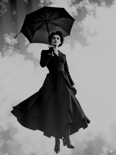 Ultra-realistic black and white image of a sinister, gothic version of Mary Poppins descending from the sky. She holds an ominous vintage umbrella with a subtly sculpted vampiric face on its surface. Her expression is eerie yet elegant, with sharp cheekbon...