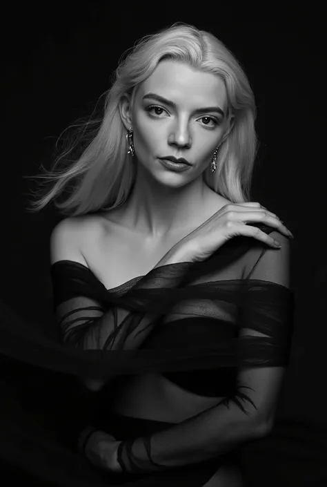 In this striking black and white photograph, a woman is captured with graceful movement and elegant poise. Her long, blonde hair cascades down her back, contrasting beautifully against the dark backdrop and adding dynamic texture to the image. She is parti...