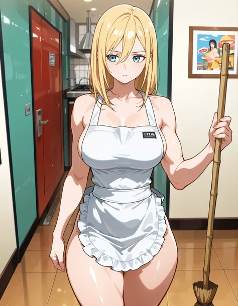 A girl sweeping the floor. A beautiful waitress in the kitchen. A beautiful woman in her twenties, blonde hair, a thin face, a Krista Lenz face. A tall, athletic woman, a white apron, a nude body beneath the apron, thick thighs, an athletic body, smooth, c...