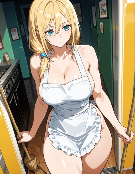 A girl sweeping the floor. A beautiful waitress in the kitchen. A beautiful woman in her twenties, blonde hair, a thin face, a Krista Lenz face. A tall, athletic woman, a white apron, a nude body beneath the apron, thick thighs, an athletic body, smooth, c...