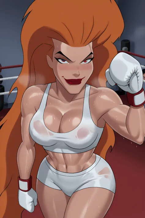 BREAK, score_6_up, score_9, score_8, score_7, 1girl, solo, Volcana, dcaustyle, red lips, lipstick, makeup, very long hair, orange hair, red eyes, black pupils, large breasts, cleavage, curvy, athletic, looking at viewer, smile, closed mouth, sultry express...