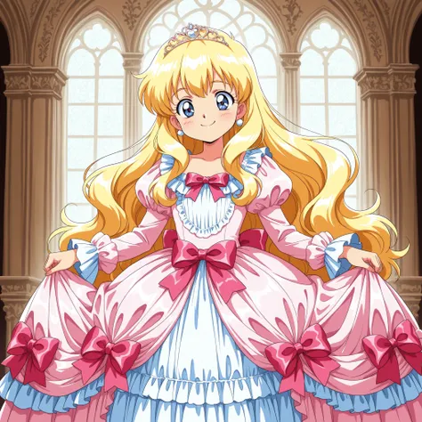 1990’s style anime,A Cute Princess, she is smiling,((pink Silk Satin Victorian big Ball Gown Dress.:1.0)),baby face,short tall,long sleeves,The dress is decorated with lots of frills and ribbons., blond wave Long hair that reaches down to the waist,They ar...