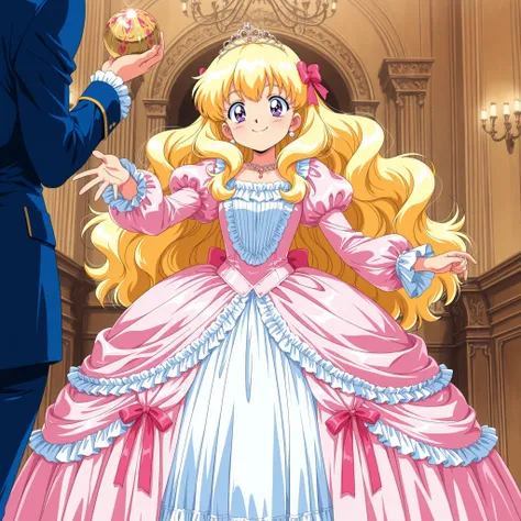 1990’s style anime,A Cute Princess, she is smiling,((pink Silk Satin Victorian big Ball Gown Dress.:1.0)),baby face,short tall,long sleeves,The dress is decorated with lots of frills and ribbons., blond wave Long hair that reaches down to the waist,They ar...