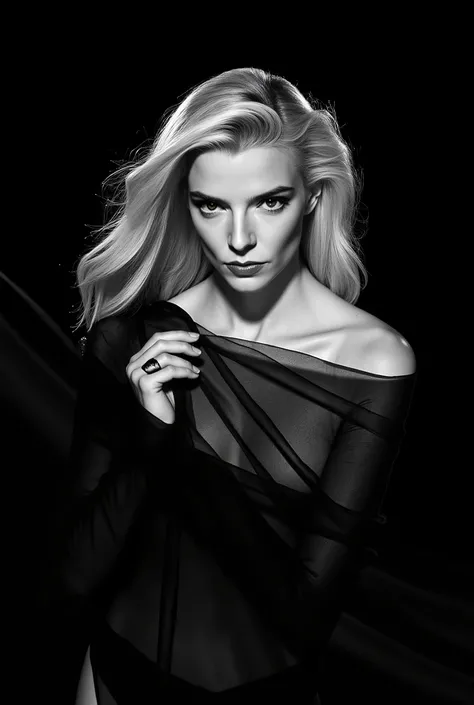 In this striking black and white photograph, a woman is captured with graceful movement and elegant poise. Her long, blonde hair cascades down her back, contrasting beautifully against the dark backdrop and adding dynamic texture to the image. She is parti...
