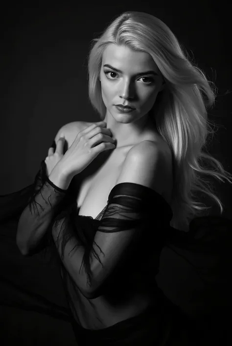 In this striking black and white photograph, a woman is captured with graceful movement and elegant poise. Her long, blonde hair cascades down her back, contrasting beautifully against the dark backdrop and adding dynamic texture to the image. She is parti...