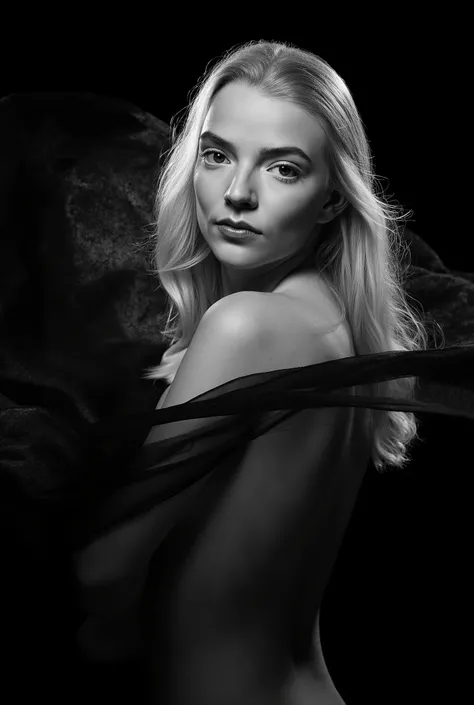 In this striking black and white photograph, a woman is captured with graceful movement and elegant poise. Her long, blonde hair cascades down her back, contrasting beautifully against the dark backdrop and adding dynamic texture to the image. She is parti...