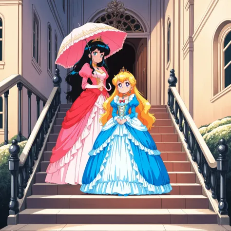 Two princesses are standing on the stairs, anime princess, royal costume, an anime character in a town with a woman holding an umbrella , Anime Princess , vintage girl cartoon, anime high fructose, 80s anime is this style