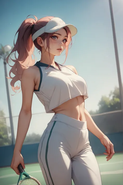 best quality、realistic、Real photo、tennis wear,Ponytail、Cotton pants、Fresh bread、Beautiful girl、、Panchira、white panties、Beauty