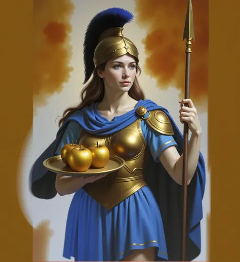 The Greek goddess, standing in three-quarter view, surrounded by a radiant golden-yellow aura. She has light brown hair partially visible beneath a golden helmet adorned with a blue plume. Her skin is fair, with rosy cheeks, and she wears a golden cuirass ...