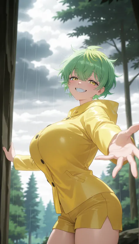 masterpiece, best quality, amazing quality, very aesthetic, absurdres, newest, scenery, anime coloring, anime screencap,
EBMiwa, 1girl, huge breasts, wide curvy hips, thick thighs, voluptuous body, Curvy body, thicc woman, solo, smile, short hair, green ...