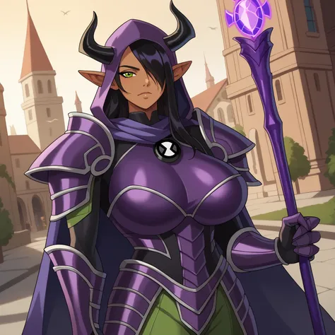 {{masterpiece, Ultra high quality, professionally detailed, professionally shaded}},1girls, long hair, black hair, green eyes, very long hair, pointy ears , dark skin , hair over an eye , elf, dark elf, outdoor, urban landscape, looking at the viewer , Dut...