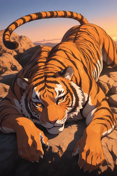 top quality, masterpiece, super high resolution, ((1 tiger )), big tiger , Muscular body, Beautiful Coat, Vivid tiger pattern, realistic texture, Relaxed Posture, half-eyed and relaxed expression, draping its tail gracefully, lying on a rock, Mossy Rock, steep rocky area, natural light, at dusk, warm light, soft focus, wildlife photo, precise depiction of coat, Powerful Composition, Natural Shading, warm color