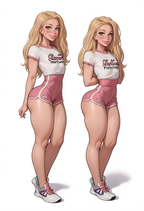 cute young girl, (1girl), (shirt print ""), girl naked, (ultra wide hips), (ultra narrow waist), (thick thighs), (flat chest), (cute face), long blonde hair, beautiful eyes, shy smile, looking at viewer, standing up, blushing, sealed lips, pale blush skin,...