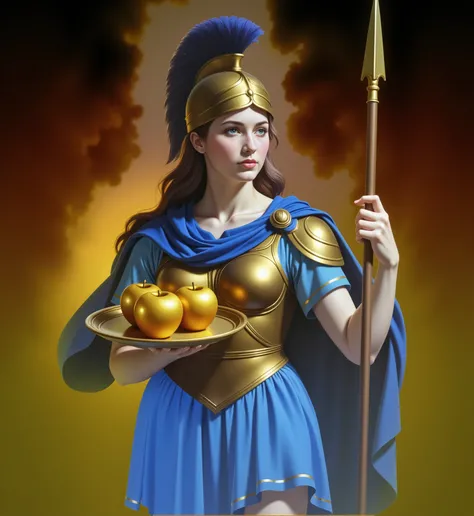 The Greek goddess, standing in three-quarter view, surrounded by a radiant golden-yellow aura. She has light brown hair partially visible beneath a golden helmet adorned with a blue plume. Her skin is fair, with rosy cheeks, and she wears a golden cuirass ...