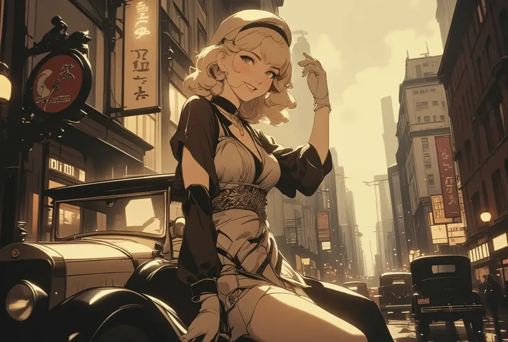 1930s, full colored picture, smiling elegant pinup girl in silk bias-cut midi dress, soft finger waves hairstyle, delicate geometric Art nouveau patterns, long gloves and cloche hat,
eccentric posing on an Art nouveau city hometown with vintage automobil...