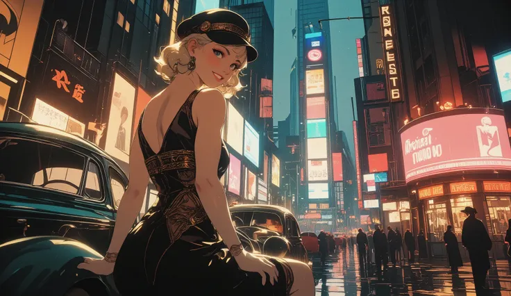 1930s, smiling elegant pinup girl in silk bias-cut midi dress, soft finger waves hairstyle, delicate geometric Art nouveau patterns, long gloves and cloche hat, smirk, high-heels,
eccentric posing on an Art nouveau city hometown with vintage automobiles an...
