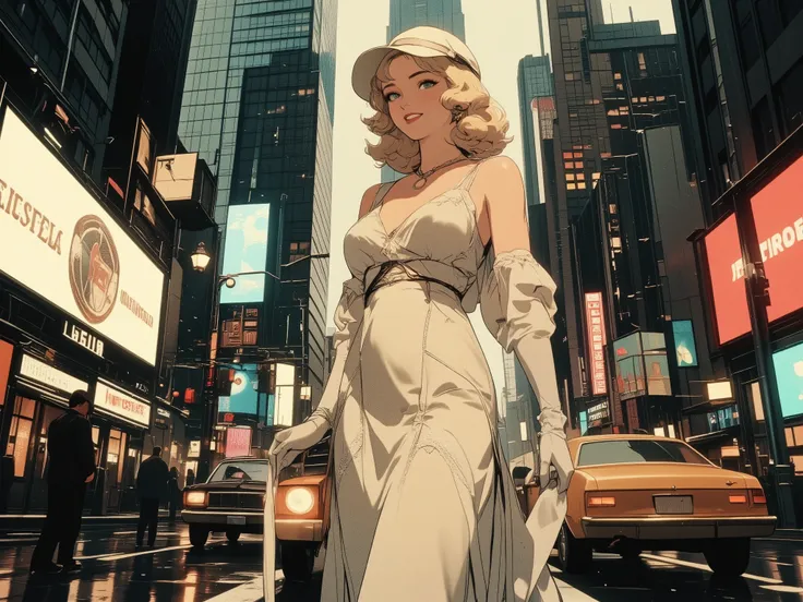 1930s, smiling elegant pinup girl in silk bias-cut midi dress, soft finger waves hairstyle, delicate geometric Art nouveau patterns, long gloves and cloche hat, smirk, high-heels,
eccentric posing on an Art nouveau city hometown with vintage automobiles an...