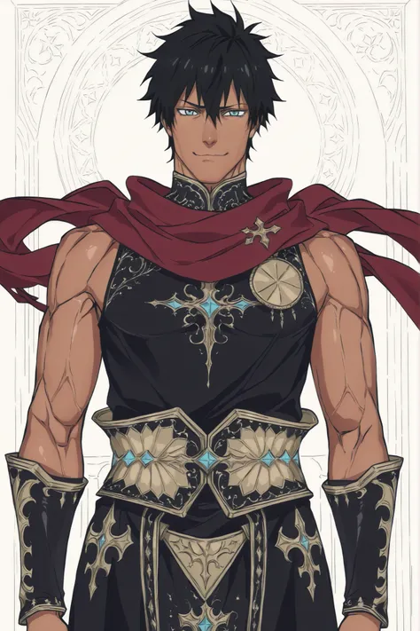 blackcloverxl, ((black and gold armor)), ((fantasy clothing)), ((flowing scarf)), ((sleeveless shirt)),  ((dark-skinned male)), ((black hair)), ((anime hairstyle)), ((muscular arms)), ((blue eyes)), ((cheerful expression)), ((mature male)), ((daytime backg...