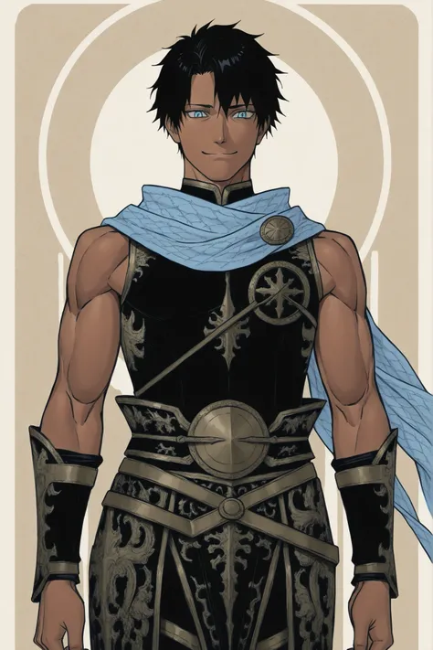 blackcloverxl, ((black and gold armor)), ((fantasy clothing)), ((flowing scarf)), ((sleeveless shirt)),  ((dark-skinned male)), ((black hair)), ((anime hairstyle)), ((muscular arms)), ((blue eyes)), ((cheerful expression)), ((mature male)), ((daytime backg...
