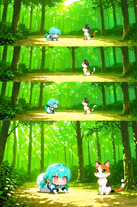 (IBG), ((((masterpiece)))), ((((top quality)))), high resolution, 32K, ultra HD, absurdres, 1girl, 1cat, chibi, super cute chibi girl, solo, center composition, tiny body, big round head, round face, bright emerald eyes, soft blushing cheeks, fluffy sapphire blue hair with green tips, low twin ponytails with gold hair ribbons, wearing a miniature traditional royal Korean hanbok in pale blue and white, delicate dragon embroidery on the skirt, standing on one side of a forest path, raising both hands in a playful cat pose, ready to throw a nyan-nyan punch, facing opposite her is a small chubby calico cheese cat with orange white and black patches, the cat standing on the ground raising one front paw in a mock pounce pose, both characters clearly separated and looking at each other, serious yet cute expressions, soft sunlight through forest trees, green forest background, dappled light on the path, comedic tension, playful forest duel, extremely adorable and funny, fantasy themed