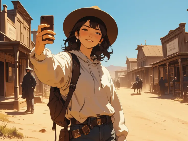 a modern young woman in a hoodie and jeans, holding a smartphone, wearing wireless earbuds, taking a selfie with a relaxed smirk,  
standing in the middle of a dusty 19th century American frontier town, with wooden saloons, wagons, horses, and rugged towns...