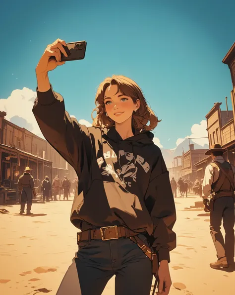 a modern young woman in a hoodie and jeans, holding a smartphone, wearing wireless earbuds, taking a selfie with a relaxed smirk,  
standing in the middle of a dusty 19th century American frontier town, with wooden saloons, wagons, horses, and rugged towns...