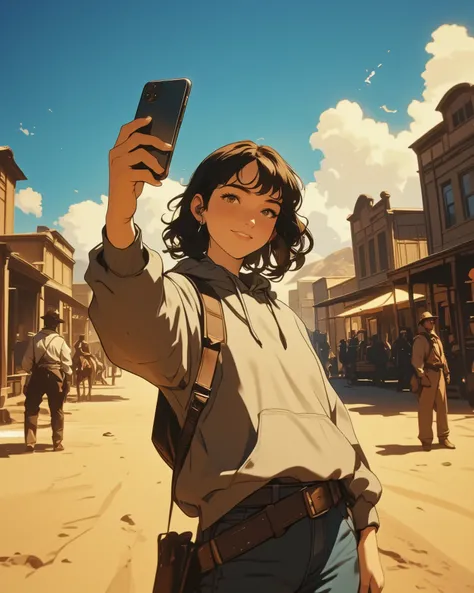 a modern young woman in a hoodie and jeans, holding a smartphone, wearing wireless earbuds, taking a selfie with a relaxed smirk,
standing in the middle of a dusty 19th century American frontier town, with wooden saloons, wagons, horses, and rugged towns...