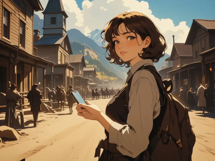 a modern young woman with a backpack and smartphone, wearing casual city clothing,
exploring a 19th-century American frontier town with wooden buildings, horses, and dirt roads,
interacting with the environment in unexpected ways, looking curious, amused...