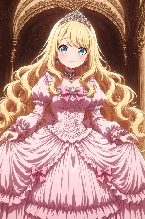 ((Lora.girls book story sdxl,hi vision,)),A Cute Princess, she is smiling,((pink Silk Satin Victorian big Ball Gown Dress.:1.0)),baby face,short tall,long sleeves,The dress is decorated with lots of frills and ribbons., blond wave Long hair that reaches do...