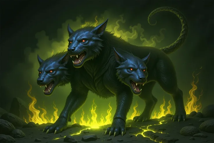 Dark and gloomy background. A three-headed monster (Cerberus), with black fur and glowing red eyes, is illuminated by a greenish light coming from below. Fissures in the rocks beneath its paws release yellow-green flames, illuminating the hellish environme...