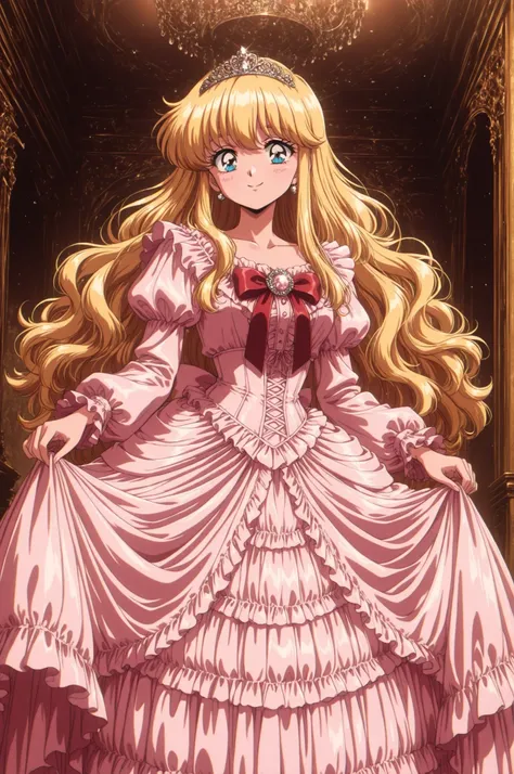 ((Lora.girls book story sdxl,retro anime style,hi vision,)),A Cute Princess, she is smiling,((pink Silk Satin Victorian big Ball Gown Dress.:1.0)),baby face,short body height,long sleeves,The dress is decorated with lots of white frills and red ribbons., ...