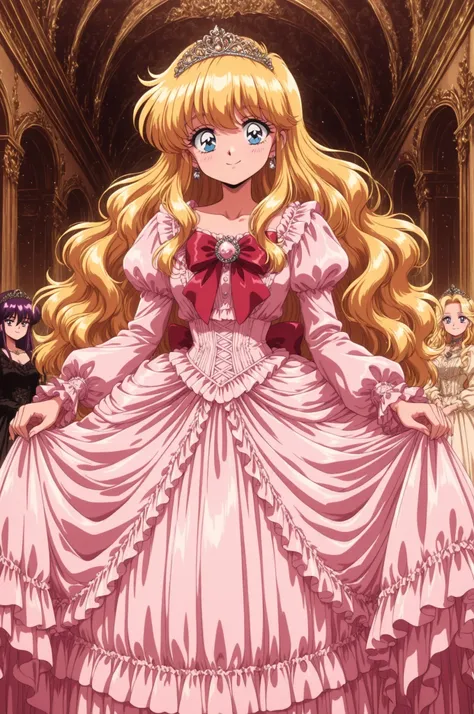 ((Lora.girls book story sdxl,retro anime style,hi vision,)),A Cute Princess, she is smiling,((pink Silk Satin Victorian big Ball Gown Dress.:1.0)),((little girl,baby face,short body height:1.0)),long sleeves,The dress is decorated with lots of white frill...