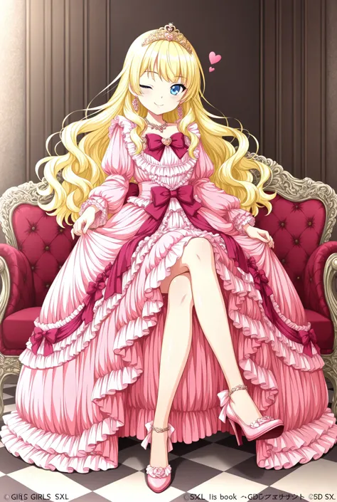 a large anime style cartoon girl in high heels and a pink dress, 1girl, blonde hair, one eye closed, smile, heart, solo, long hair, crossed legs, , jewelry, sitting, high heels, checkered floor, frills, blue eyes, bow, wavy hair,((Lora.girls book story sdx...