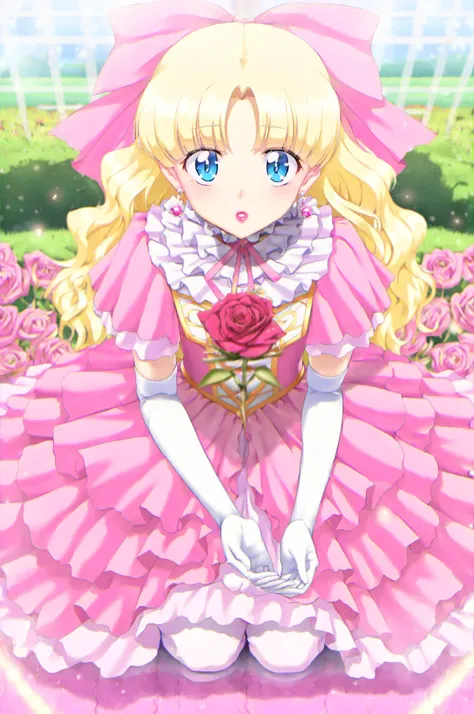 (masterpiece,best quality:1.3), amazing quality, 8k resolution, cinematic, traditional media, retro artstyle, very aesthetic, absurdres, upper body, nature, garden, flower, (sitting, seiza:1.3), on grass, long hair, wavy hair, parted bangs, from above, loo...