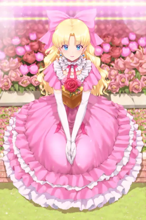 (masterpiece,best quality:1.3), amazing quality, 8k resolution, cinematic, traditional media, retro artstyle, very aesthetic, absurdres, upper body, nature, garden, flower, (sitting, seiza:1.3), on grass, long hair, wavy hair, parted bangs, from above, loo...