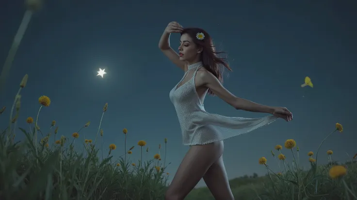 (low angle view, full action, motion blur, very dark night, 1star in the sky). (in the foreground, medium shot, photorealistic, dancing with the close-up:1.5 flying dandelion), a young cold large-breast:1.1 eastern woman in a (very sexy deep-v transparent:...