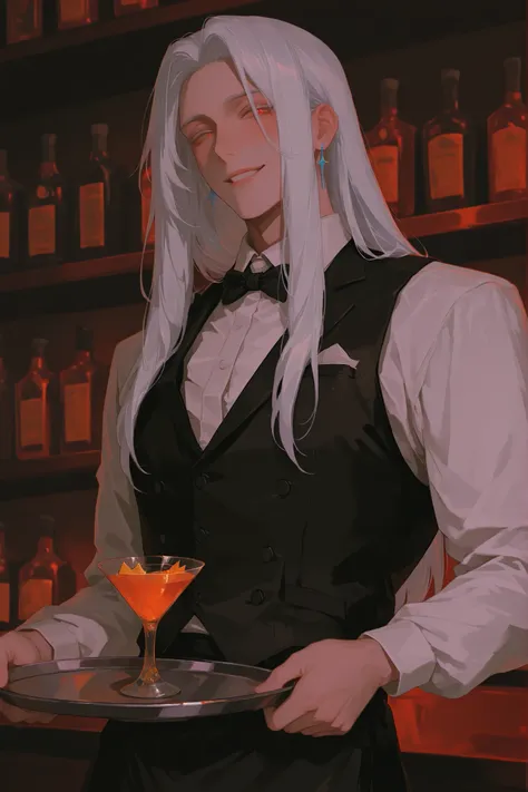 A bartender man , dressed as a bartender, long white hair, smiling softly ,clutching a tray of cocktails