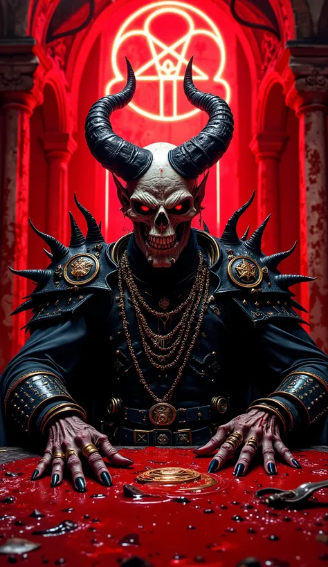 A hyper realistic, high detail scene of a demonic overlord seated at a blood-soaked ritual table. The camera angle is low mid-shot, slightly upward, creating an imposing perspective. The demon has a skeletal face with no flesh, hollow eyes, and massive cur...