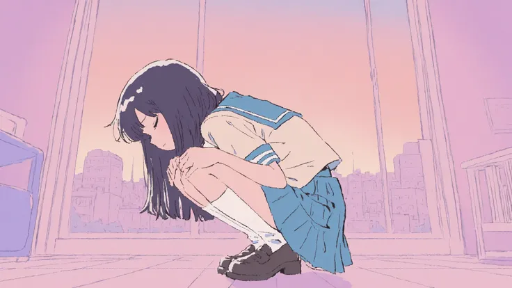City Pop, School uniform, 1girl, girl with straight black hair squatting, Beige tone , Room, depressing, , dreamy and emotional atmosphere, illustration style, sad,cute face