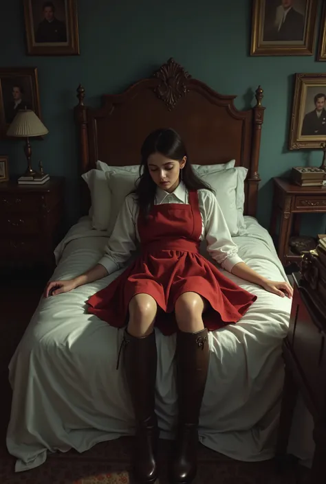 (photorealism:1.2) high detail girl on a bed in a dark room. She is wearing a white shirt, red apron dress. She has tied up black hair. She is wearing riding boots that goes to her knees. she is  dazed, and disheveled. a shadow is cast  over her.
