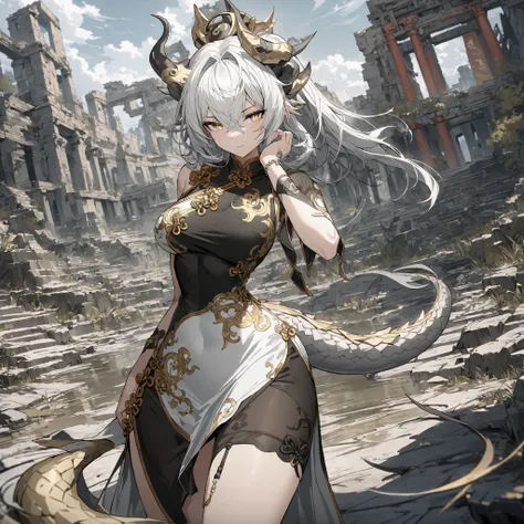 Masterpiece, High quality, Best quality, Live2D, Focus face, modern design, solo woman, female, dragon_hybrid, head, white hair, Bright golden eyes, Cheongsam, Yin Yang, black and white, Decorated with gold, tail, horns, Ancient ruins.