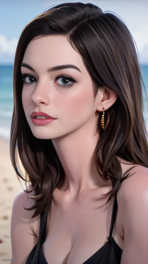 photo of Anne Hathaway, RAW, beautiful woman, ((portrait)), ((detailed face:1.2)), ((detailed facial feature, detailed skin, clear skin), (perfect proportioned body, large breasts), (wearing a bikini) (high detailed beach environment, tropical island), (re...