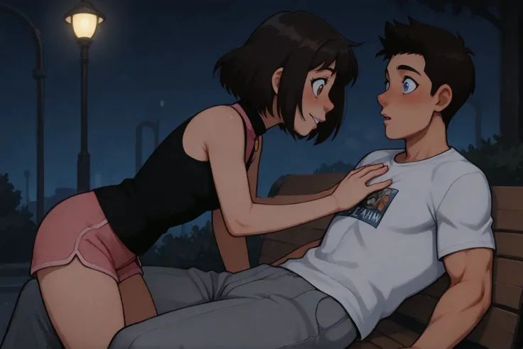 A dramatic anime-style scene featuring a yandere sultry girl lean over and gripping the tshirt collar of a surprised muscular man . The girl, with short black hair with blue streaks and flushed cheeks, wears a black sleeveless top and pink shorts, curvy bo...