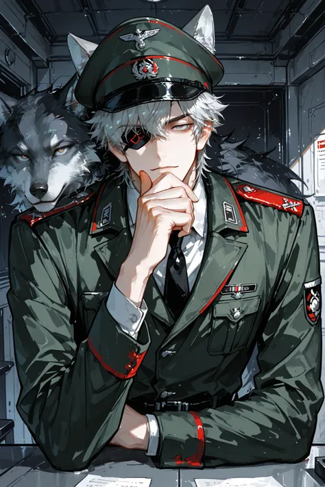 handsome anime character, slightly stylized, Non-realistic, slightly shiny 、short silky navy hair, Slightly Disheveled Bangs , 30 years old, wearing an eyepatch on the right eye, sharp slender grey eyes, intelligent and calm expression, mature and sexy a...