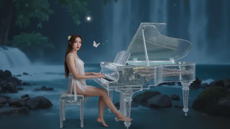 (high angle view, full action, motion blur, very dark night, 1star in the sky). (in the foreground, medium shot, photorealistic, playing piano, all-glass transparent:0.1 piano, close-up:1.5 flying dandelion), a young cold large-breast:1.1 eastern woman in ...