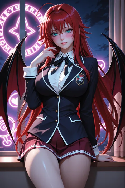 Beautiful and sensual Rias Gremory, school uniform, miniskirt, sensual pose, sexy pose, dark atmosphere, at night, sensual and daring look, bright eyes, blushing, with her demon wings, magic lights