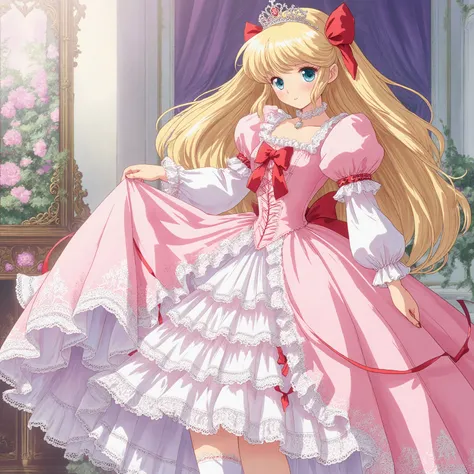 highest quality, masterpiece, highest resolution, artwork, super detailed, retro anime style,the girl is a princess,short body height:1.0,blond long hair,She is skirt lift with her hand,((pink Ball gown dress:1.0)),,round hoop skirt,Lots of lace and frills...