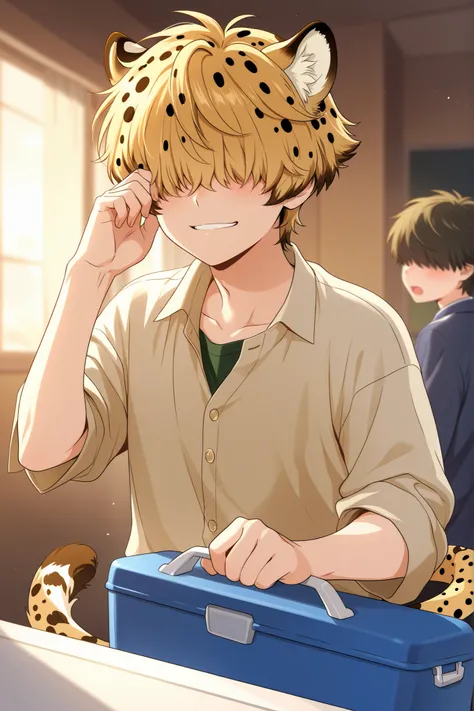 Make me an cheetah boy, close to his 20s in college, cheetah ears and tail with a fluffy short cut  cheetah of hair going as high as over the eyes. Make him on of the cooler new kids style. brave, confident but untalkative and cold.