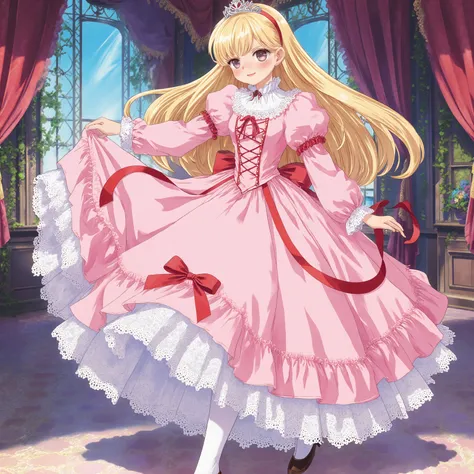 highest quality, masterpiece, highest resolution, artwork, super detailed, retro anime style,the girl is a princess,short body height:1.0,blond long hair,She is skirt lift with her hand,((pink Ball gown dress:1.0)),,round hoop skirt,Lots of lace and frills...