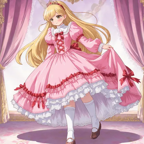 highest quality, masterpiece, highest resolution, artwork, super detailed, retro anime style,the girl is a princess,short body height:1.0,blond long hair,She is skirt lift with her hand,((pink Ball gown dress:1.0)),,round hoop skirt,Lots of lace and frills...